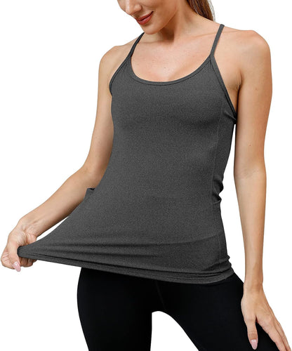 Seamless Compression Yoga Camisoles for Women - Spaghetti Strap Workout Tank Tops with Pockets Active Cami Tops(Black XL)