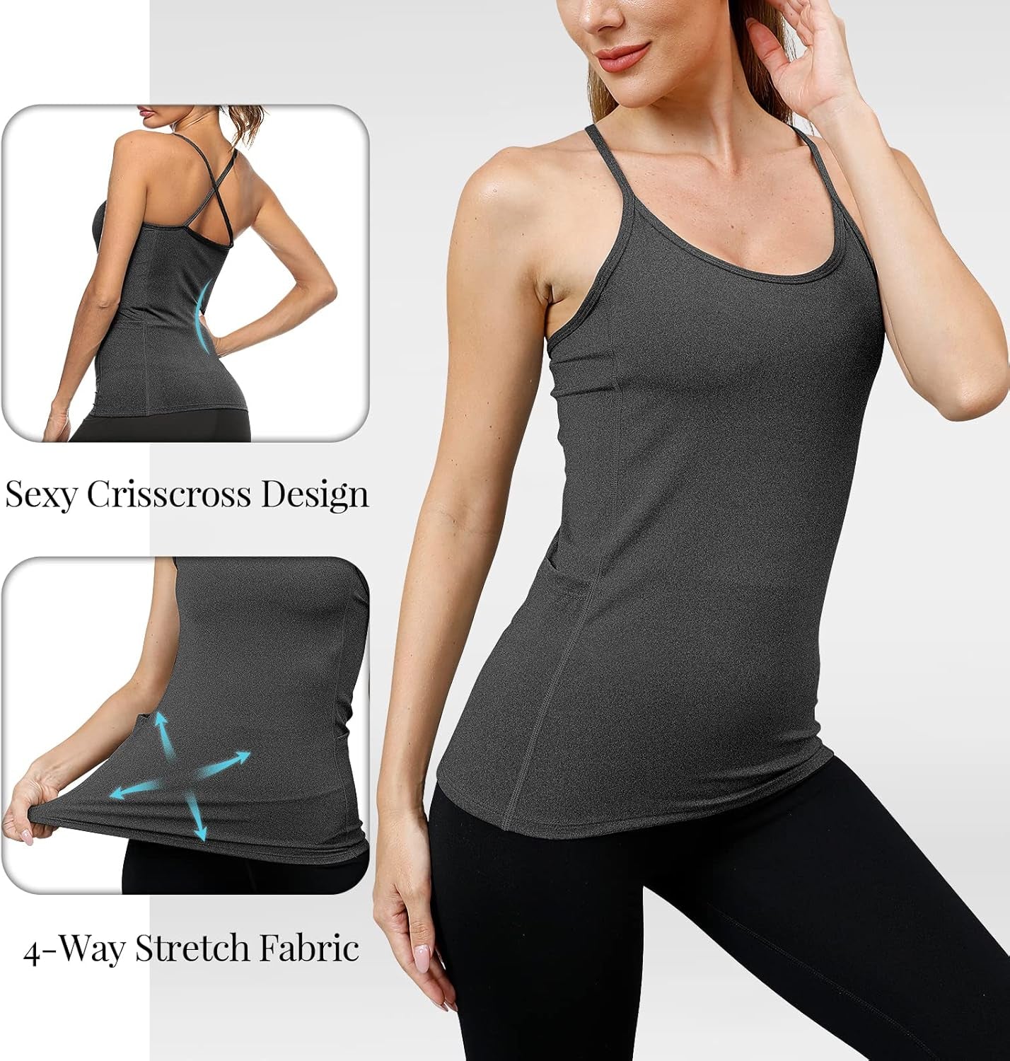 Seamless Compression Yoga Camisoles for Women - Spaghetti Strap Workout Tank Tops with Pockets Active Cami Tops(Black XL)