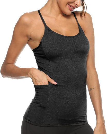 Seamless Compression Yoga Camisoles for Women - Spaghetti Strap Workout Tank Tops with Pockets Active Cami Tops(Black XL)