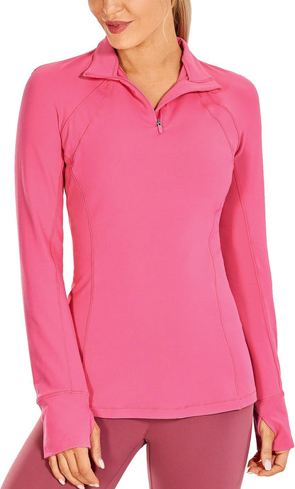 Women'S Long Sleeve Quarter Zip Pullover Slim Fit Athletic Yoga Tops Workout Running Shirts with Thumbholes