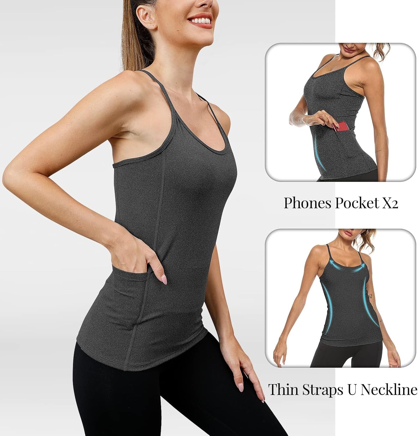 Seamless Compression Yoga Camisoles for Women - Spaghetti Strap Workout Tank Tops with Pockets Active Cami Tops(Black XL)